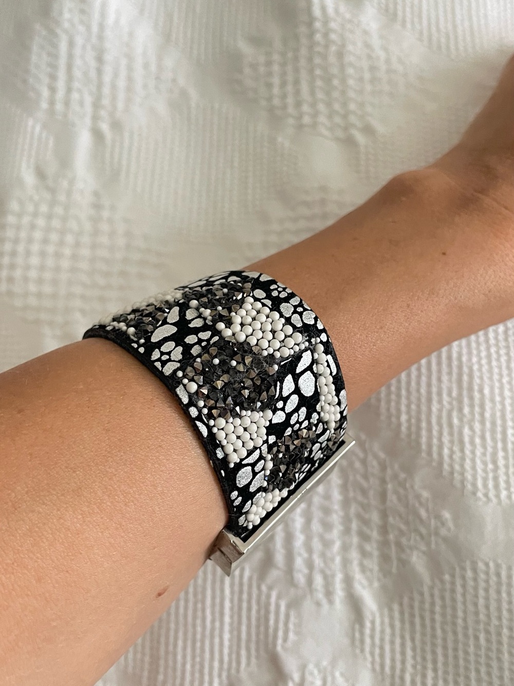 Black and White Beaded Cuff Bracelet - Women Jewelry